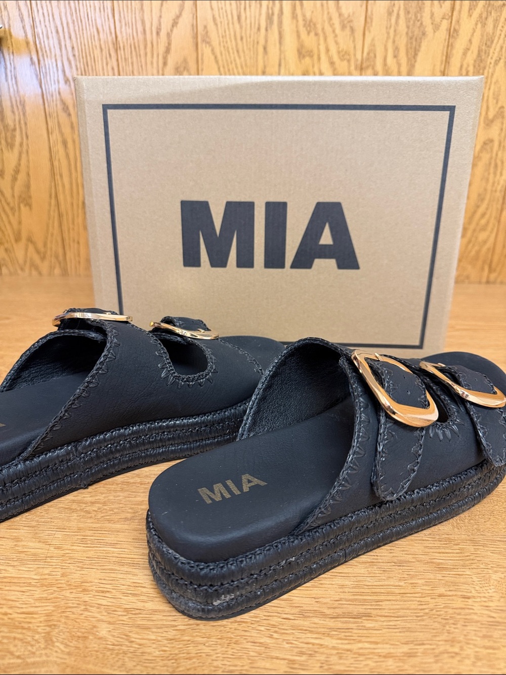 MIA Black Slide Sandals with Gold Buckles